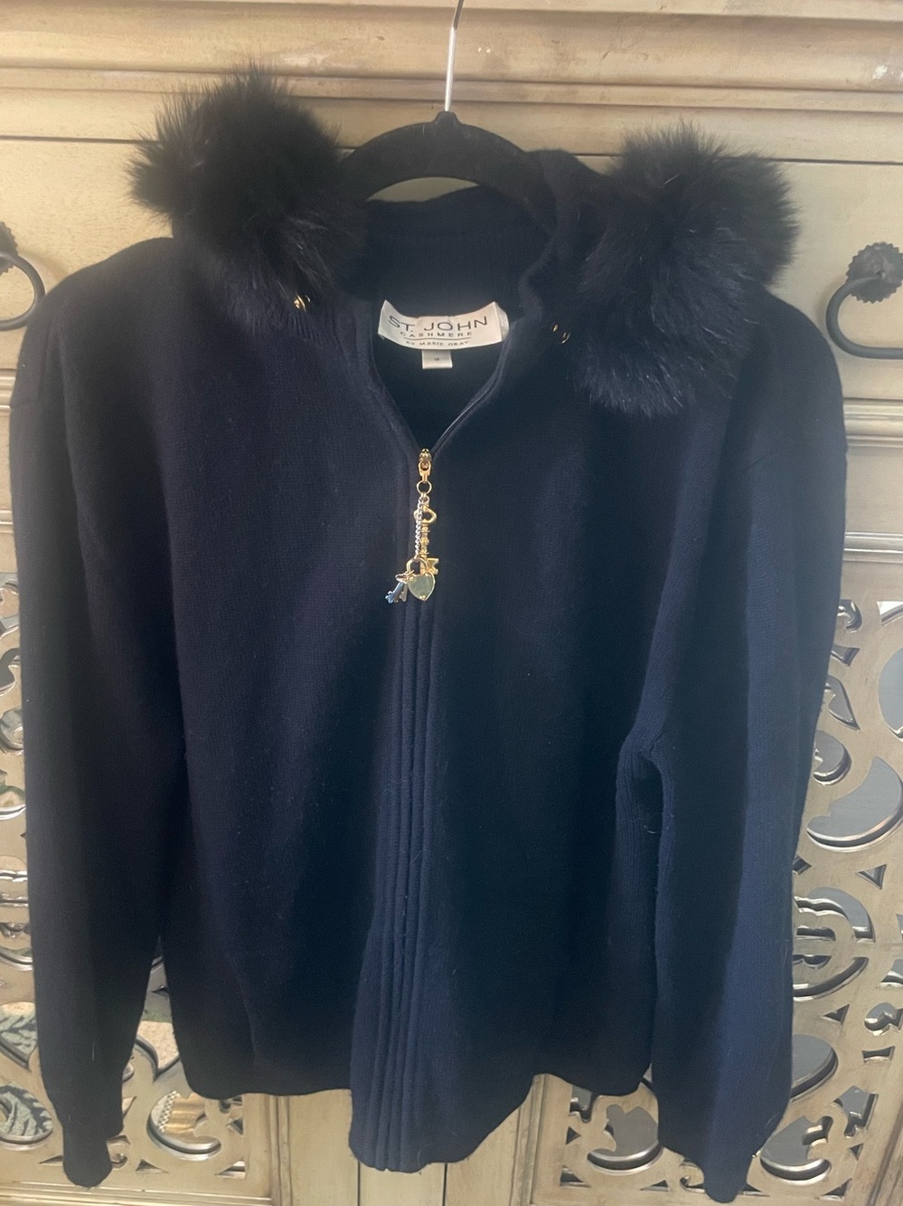 St. John Black Fox Fur-Trim Zip Jacket